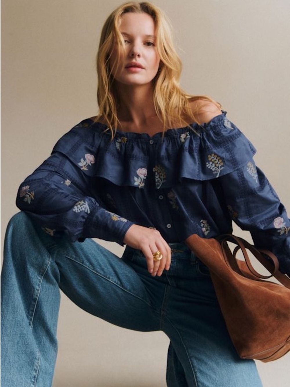 Sézane NWT Garancine Blue Floral Embroidered Shirt Blouse - Size 6 - Long Sleeve